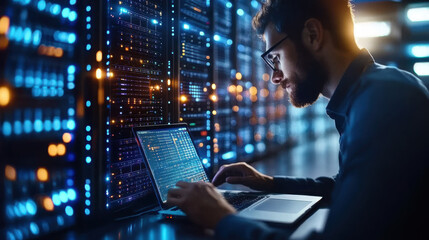 Computer engineer working on laptop computer with server room data center big data storage as backgrounds digital technology database IT support telecommunication internet network tech