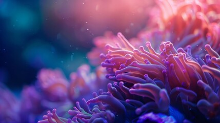 Colorful coral reef bursting with life, showcasing vivid pink and purple hues in an underwater paradise, a vibrant marine ecosystem.