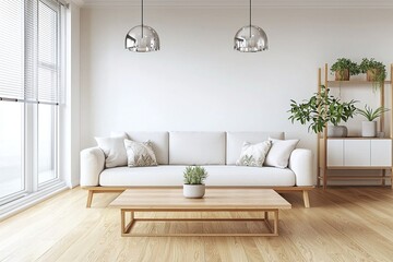 Fototapeta premium Modern Scandinavian interiors in residential living rooms with ceiling lights and sofas and tables. Generative AI 