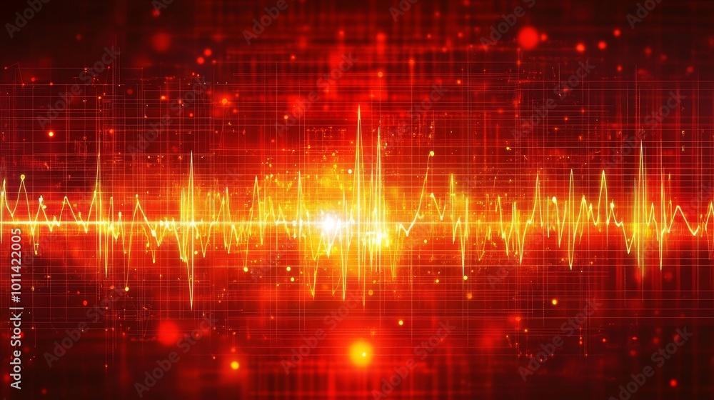 Poster abstract red digital soundwave background vibrant technology and dynamic data visualization.