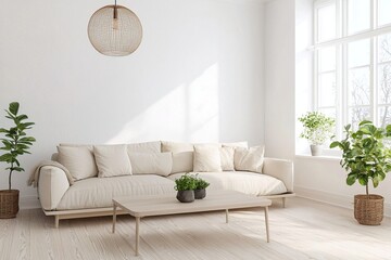Modern Scandinavian interiors in a neat living room with white-finished living room walls and sofas and tables. Generative AI
