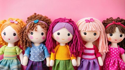 Fototapeta premium Handmade rag dolls with diverse hairstyles displayed on pink background for creative projects