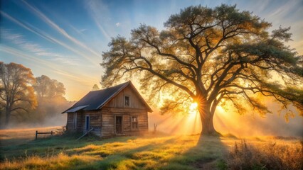 Fototapeta premium Abandoned rustic house cabin in fog at sunrise with sun rays through oak tree branches picturesque scenery idyllic rural scene fall season concept art architecture eco tourism natu