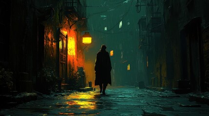 A cartoon character walking down a dark alley, with mysterious shadows following close behind