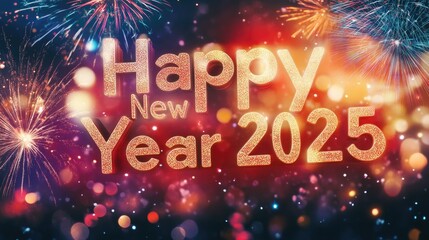 A colorful "Happy New Year 2025" sign sparkles with fireworks exploding in the background, setting the stage for a fun and exciting New Year's celebration.