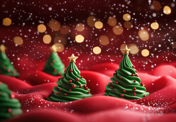 Festive miniature Christmas trees on a red surface with bokeh lights in the background, evoking a holiday atmosphere