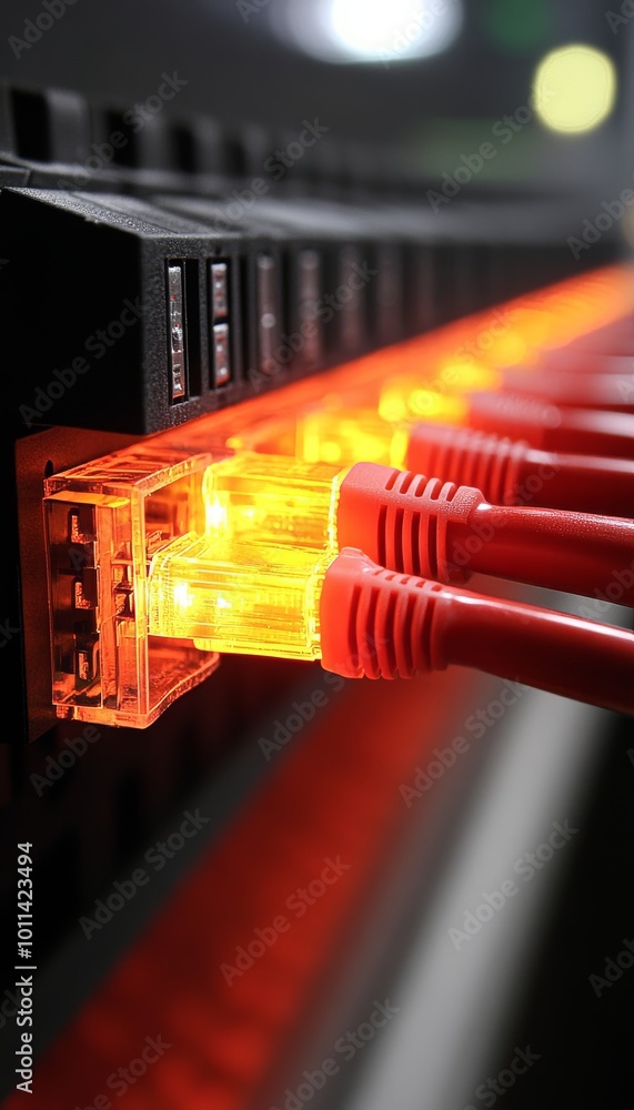 Poster close-up of network cables connected to ethernet switch port. it infrastructure background.