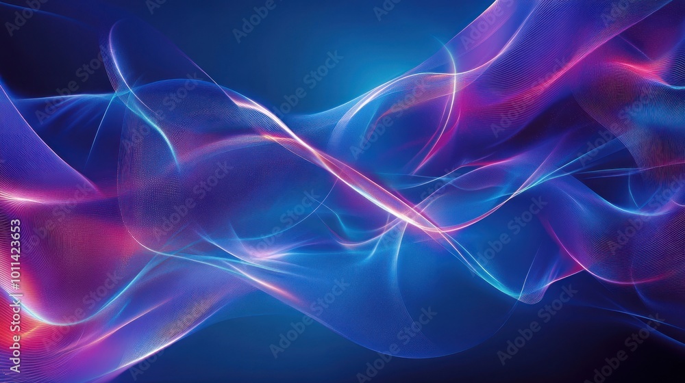 Poster abstract waves of color in blue and pink, creating a dynamic and fluid visual effect.