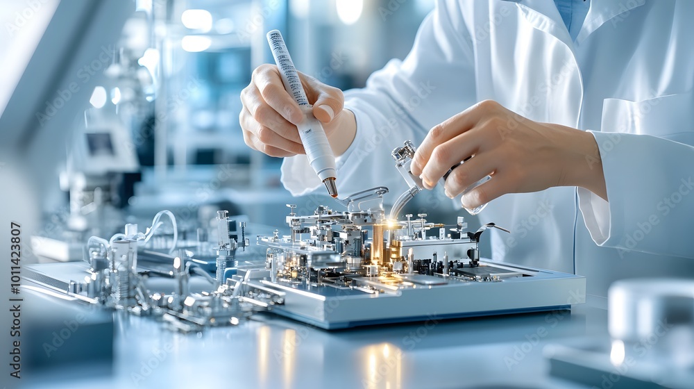 Poster scientist working on a microchip.