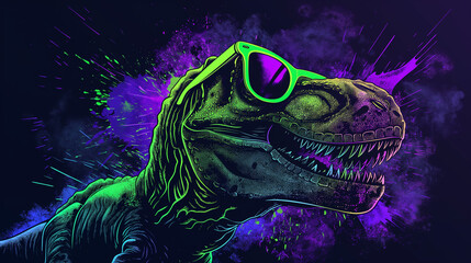 A Vibrant Dinosaur Illustration Featuring a T-Rex Wearing Sunglasses Against a Colorful Background of Swirling Purple and Green Hues