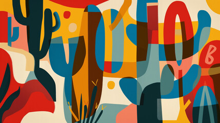 Colorful Abstract Artwork Featuring Desert Plants and Bright Shapes in a Vibrant, Modern Style