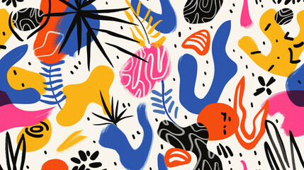 Colorful Abstract Pattern Featuring Vibrant Shapes and Organic Forms With Botanical Elements on a Light Background