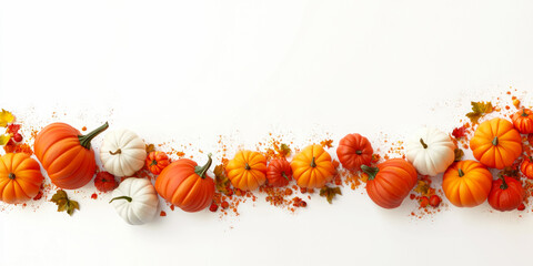 Arrangement of orange and white pumpkins with autumn leaves and berries on a white background, creating a seasonal harvest display