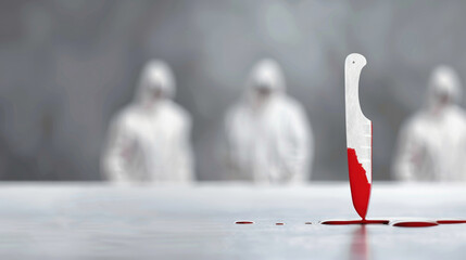 Bloody knife standing on white surface with blurred figures in background.