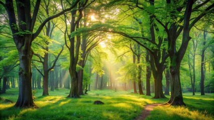Fototapeta premium Tranquil forest scene with swaying trees and warm greens, peaceful nature