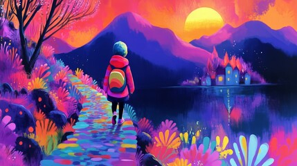 Fototapeta premium This is a surreal illustration featuring an individual embarking on an enchanting journey towards a luminous house amidst an otherworldly landscape bathed in twilight hues.