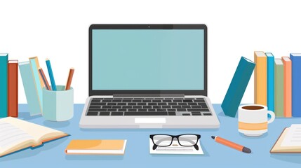 Laptop on desk with books, glasses, stationery, and coffee cup for study or work.
