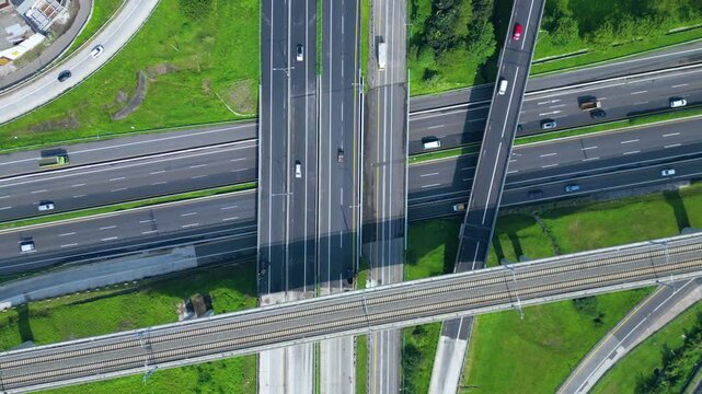 Established Aerial View of Pasir Koja Interchange, the meeting point of Soroja Toll Road, Purbaleunyi Toll Road and Jakarta-Bandung High Speed ​​Rail Line, Bandung, Indonesia