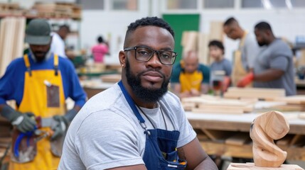 Confident artisan in workshop with team crafting wooden sculptures. The concept of woodworking, inclusivity, and artistic craftsmanship.