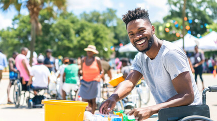 Smiling volunteer in wheelchair sorting plastic bottles at outdoor community cleanup event