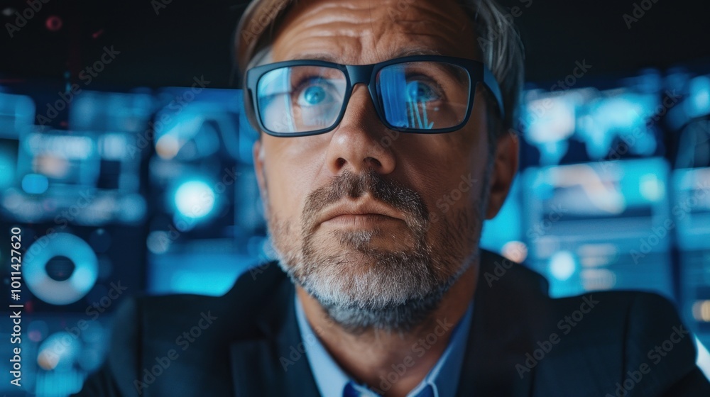 Poster a digital content creator with glasses working in a virtual production studio, with 3d sets and digi