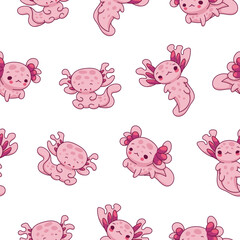 Cute axolotl character. Seamless pattern. Kawaii ambystoma amphibian different poses. Vector drawing. Design ornaments.