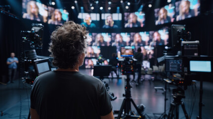 Obraz premium Director overseeing film production in studio with multiple screens and cameras.