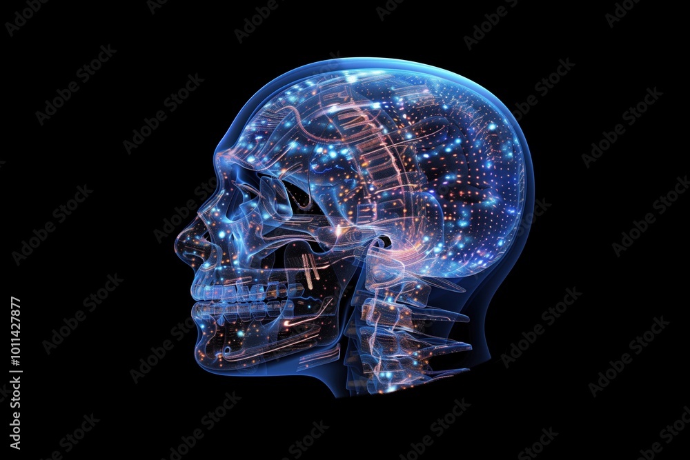Poster futuristic human brain with digital circuitry and neural connections in transparent skull.
