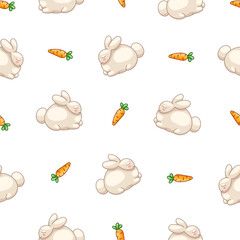 Cute rabbit character. Seamless pattern. Kawaii cartoon hare. Vector drawing. Design ornaments.