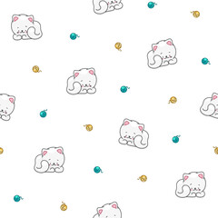 Cute cat character. Seamless pattern. Kawaii cartoon kitten. Vector drawing. Design ornaments.