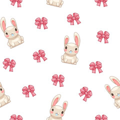 Cute rabbit character. Seamless pattern. Kawaii cartoon hare. Vector drawing. Design ornaments.