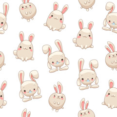 Cute rabbit character. Seamless pattern. Kawaii cartoon hare. Vector drawing. Design ornaments.