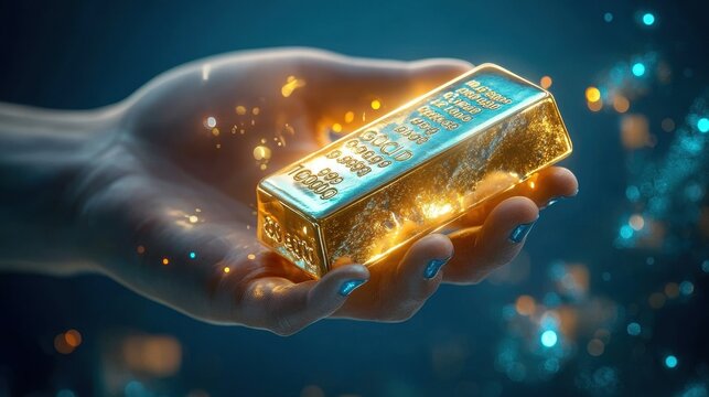 Digital hand holding gold bar, virtual gold trading concept