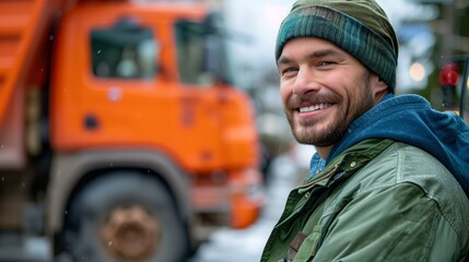 A happy garbage man in a green jacket standing next to his truck with an orange dump truck behind him