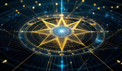 A holographic nautical compass on top of glowing lines representing network communication with sparkles of light in yellow and blue tones
