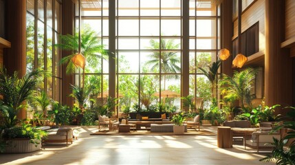 Tropical Lobby with Lush Greenery and Sunlight