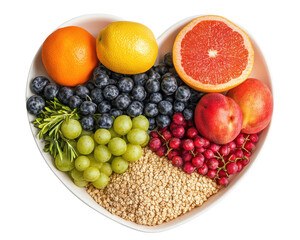 Colorful heart-shaped arrangement of fresh fruits and grains.