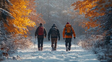 a rear view of group of young friends on walk outdoors in snow in winter forest