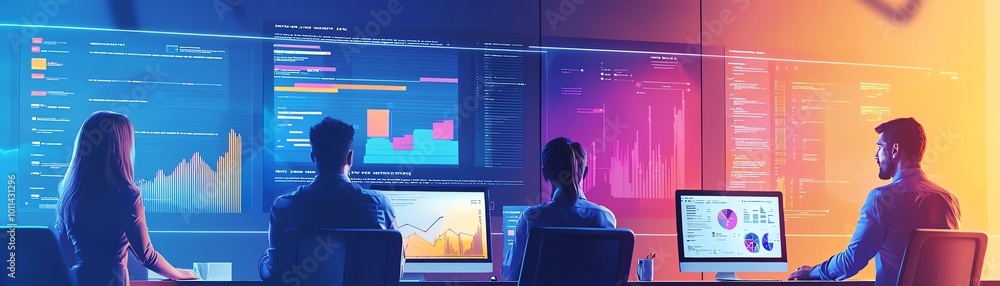 Poster a diverse group analyzing data on computer screens in a modern office, highlighting teamwork and tec