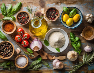 plano cenital de condimentos e ingredientes de cocina mediterránea, española e italiana, sobre una mesa de tablas de madera © theshooter