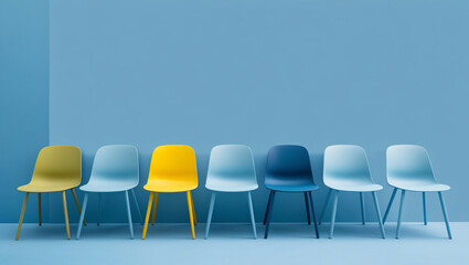Obraz premium Seven empty chairs in different colors are lined up against a blue wall, representing concepts of diversity, inclusion, and waiting