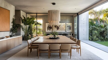 Modern dining area with large table, stylish decor, and greenery.