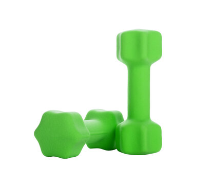 Fitness concept with two green dumbbells. Isolated