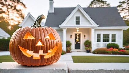 halloween pumpkin lantern at front of family house 