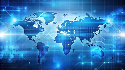 Futuristic blue abstract background with blurred technology geometric shapes and world map
