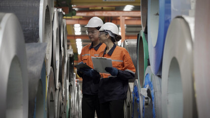 Naklejka premium Two workers wearing orange and blue jackets are standing in a factory. They are looking at something on their clipboards