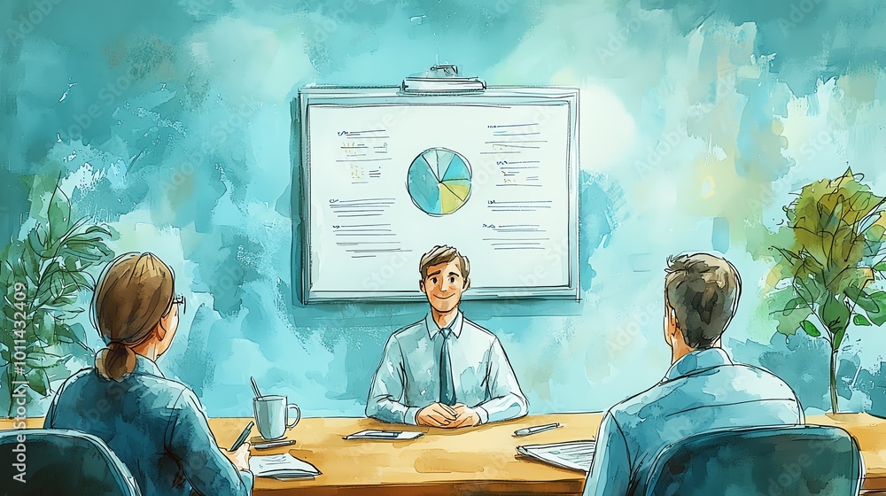 Aufkleber a business meeting scene with a presenter and two attendees discussing a pie chart and data insights