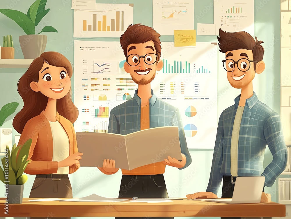 Aufkleber a cheerful team discussing business graphs and strategies in a modern office environment filled with