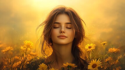 Naklejka premium A serene woman smiling peacefully in a sunlit garden, surrounded by colorful flowers, radiating joy and positivity, her energy connecting with the vibrant world around her, creating a harmonious 
