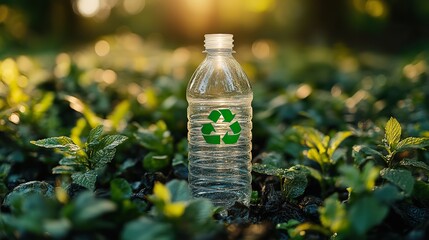 a single clear plastic bottle featuring prominent recycling symbol representing the concept of biodegradable pet materials highlights the importance of waste management ,recycling programs